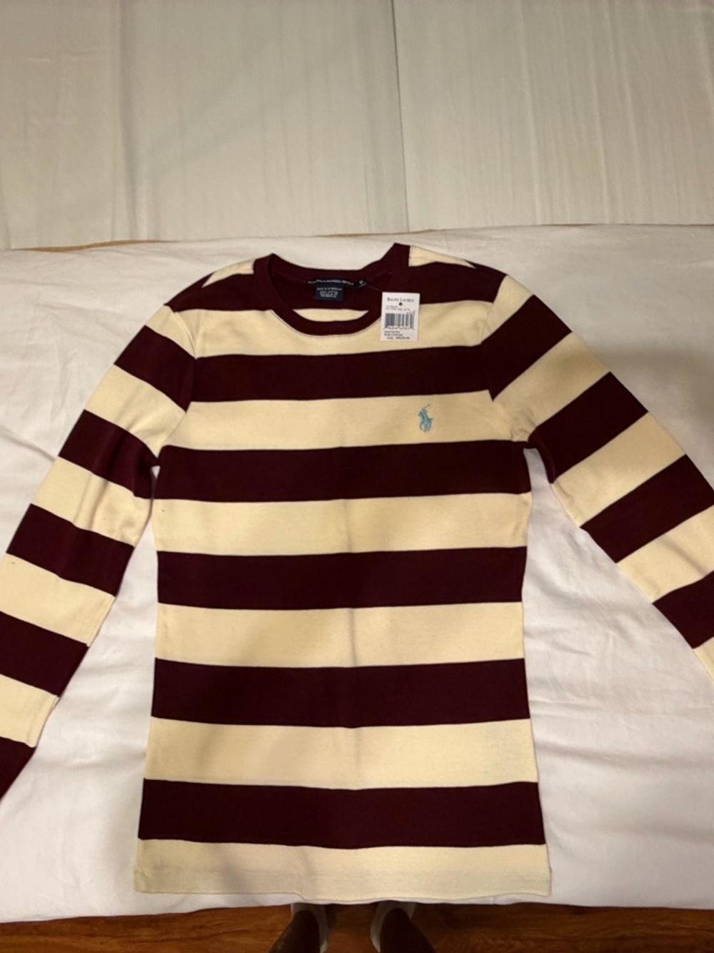 Ralph Lauren Cream and Burgundy Striped Long-Sleeve Sweater